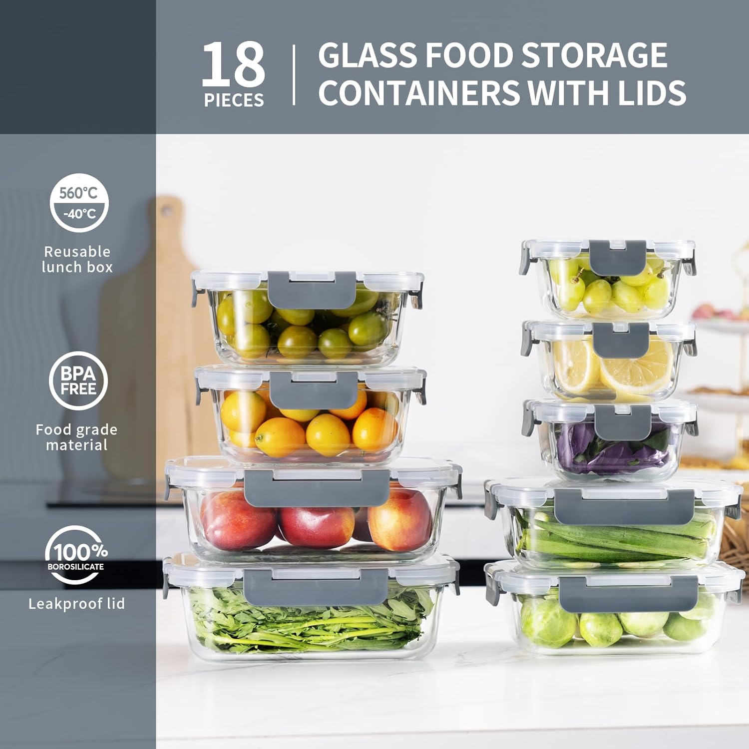 18-Piece Glass Food Storage Containers with Lids, Airtight & BPA-Free