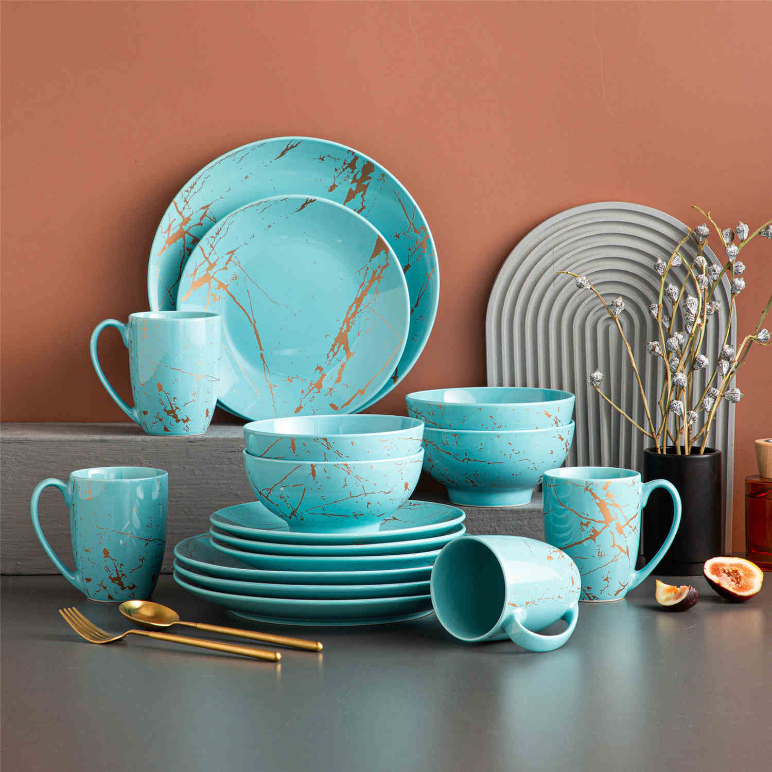 LOVECASA 16 Piece Gold Splash Dinnerware Set