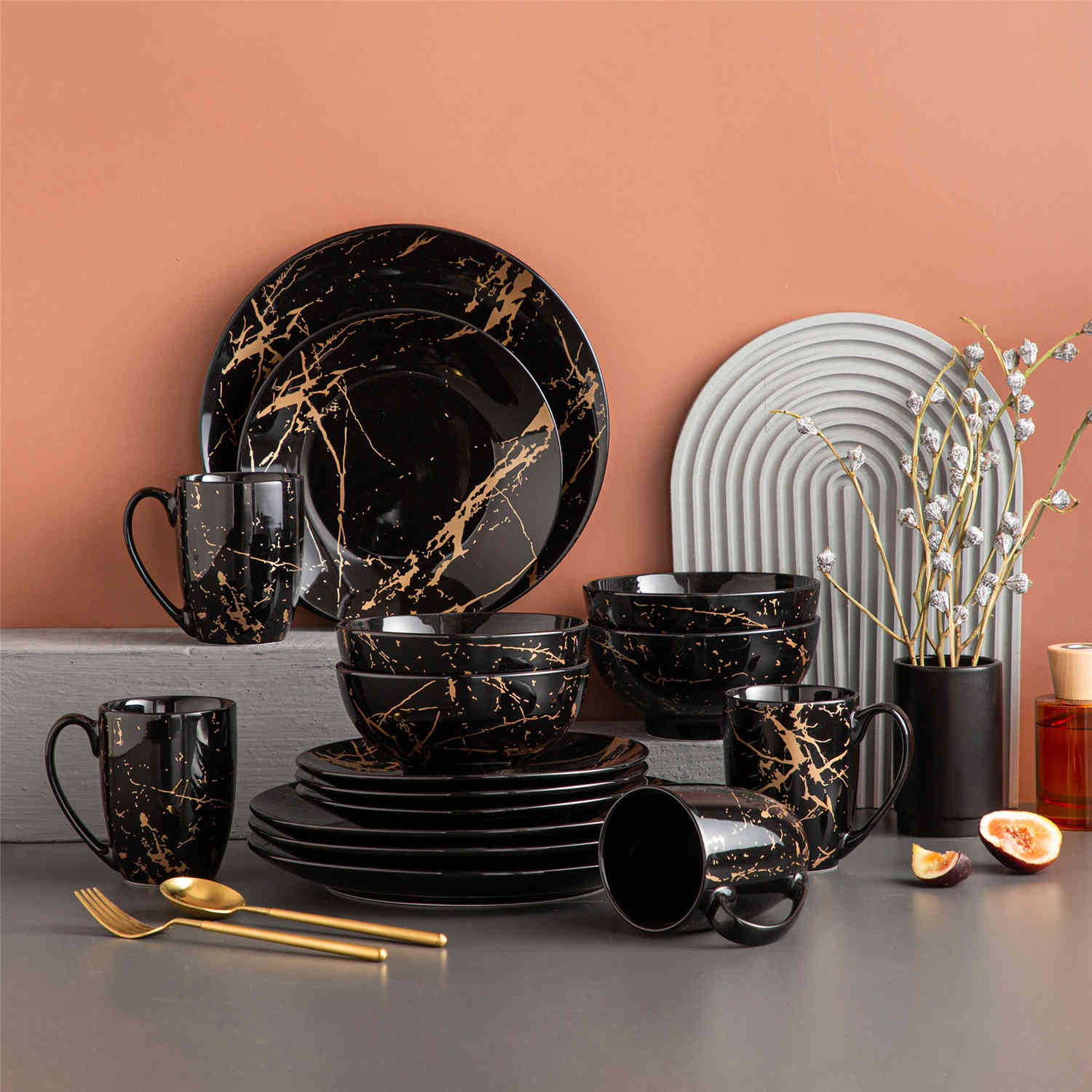 LOVECASA 16 Piece Gold Splash Dinnerware Set