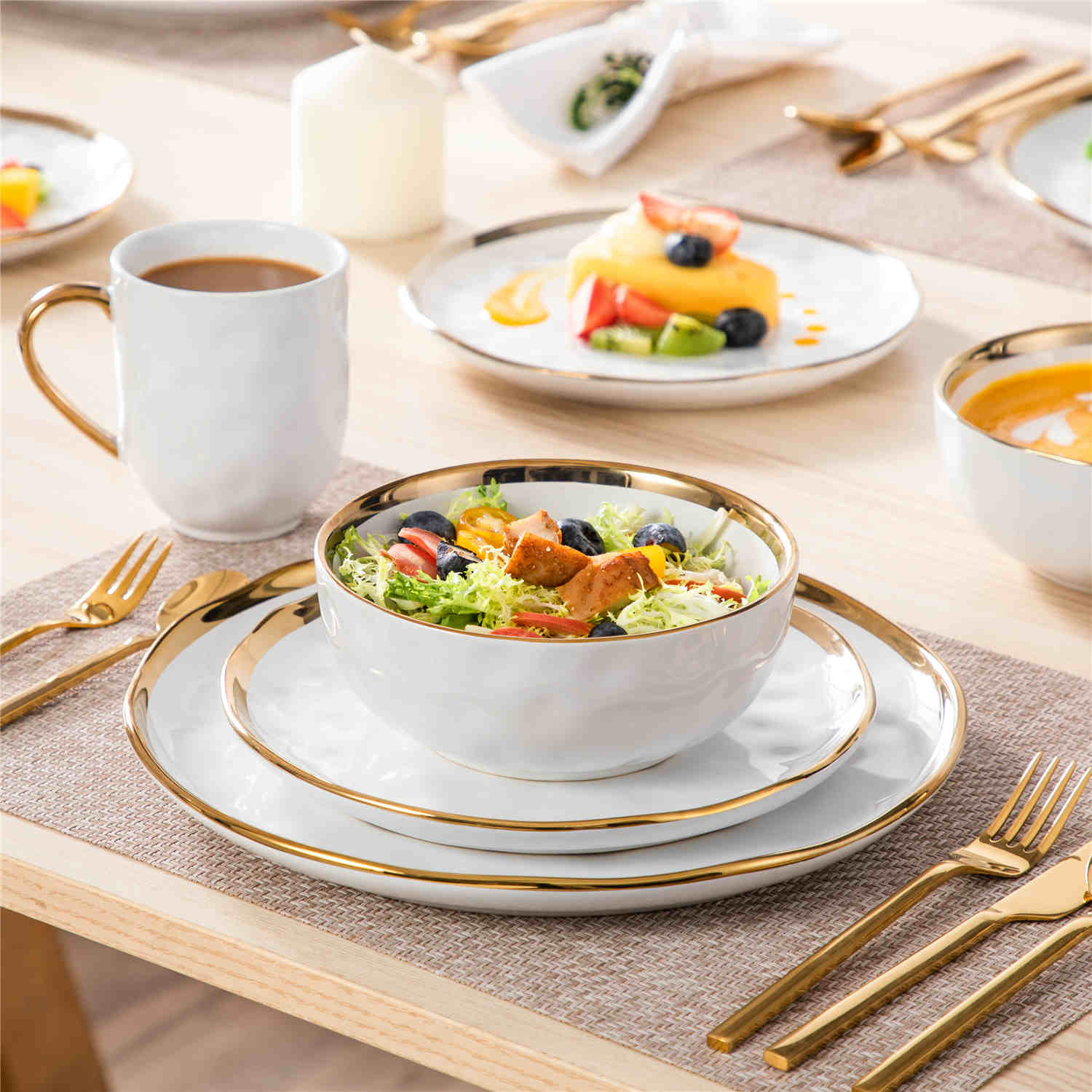 LOVECASA Gold Trim 16 Piece Dinnerware Set