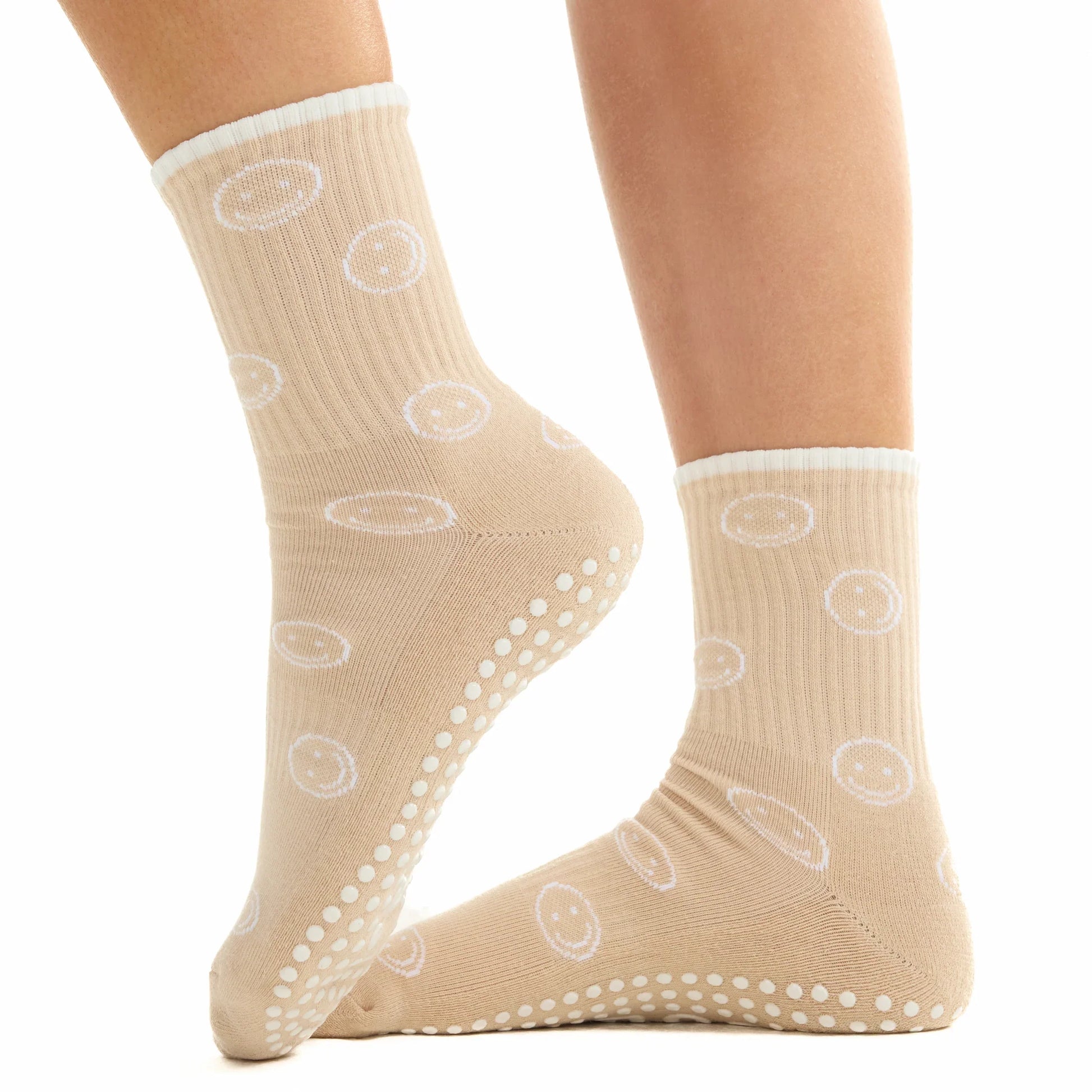 Beige Smiley - Crew Grip Sock (Barre / Pilates)