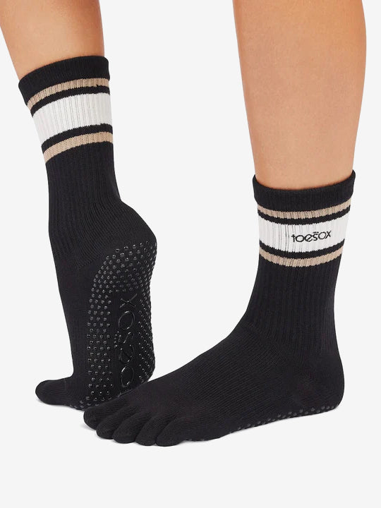 ToeSox Full Toe Crew Grip Socks - Oat Stripe