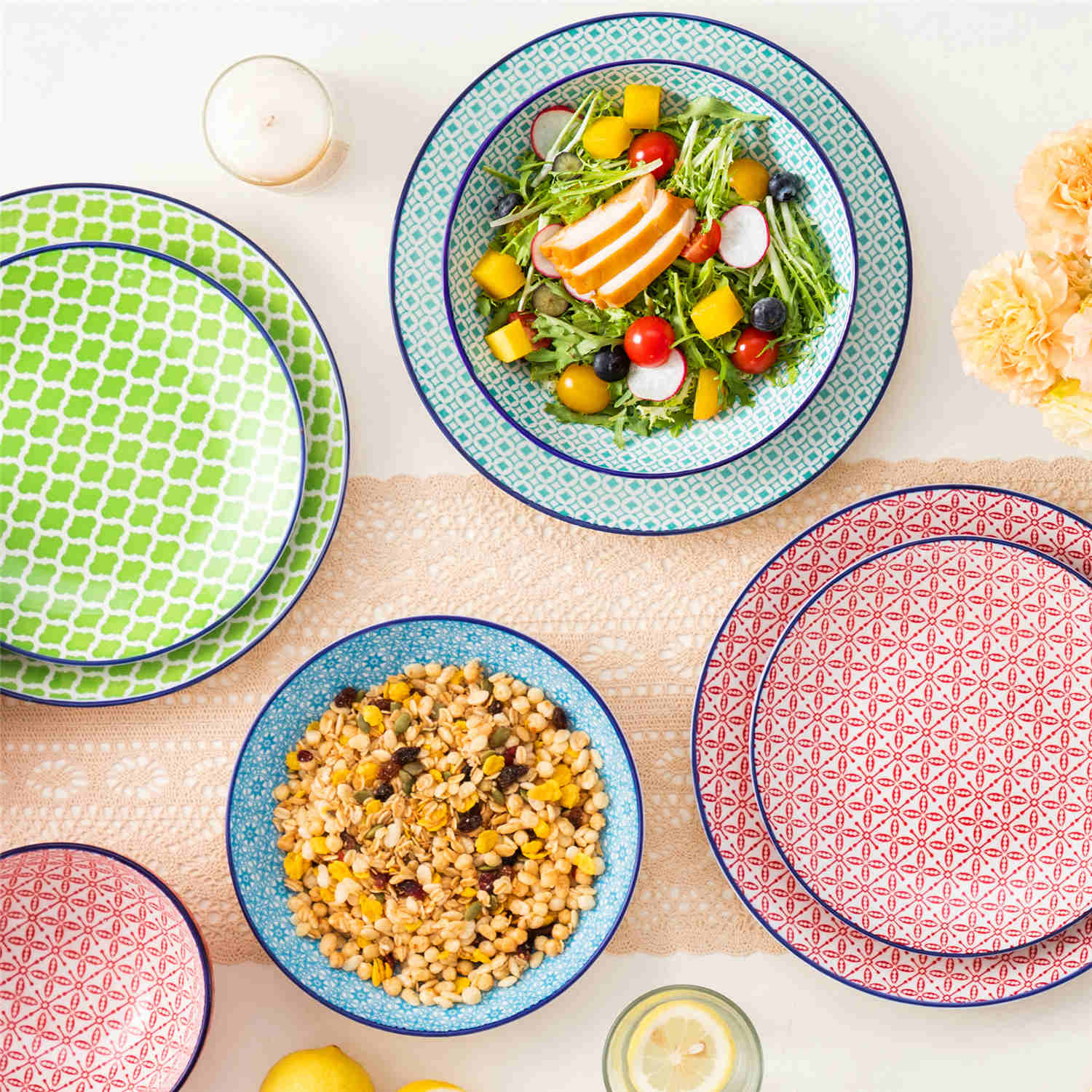 Macaron 16 Piece Dinnerware Set with Soup Bowls