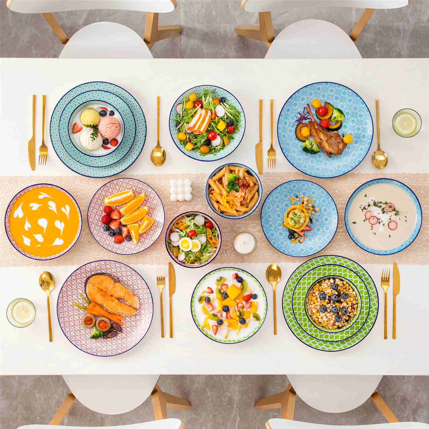 Macaron 16 Piece Dinnerware Set with Soup Bowls