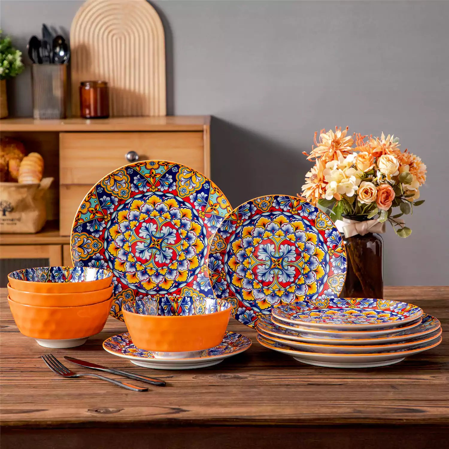Simi 12 Piece Dinnerware Set with Front-Only Pattern