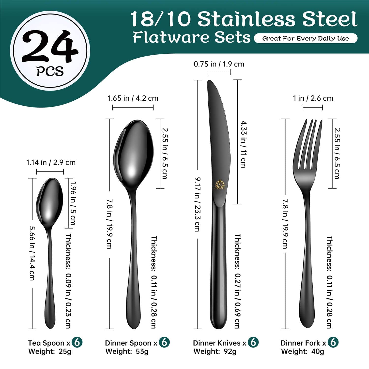 24 Piece Flatware Set Rounded Tip Service for 6