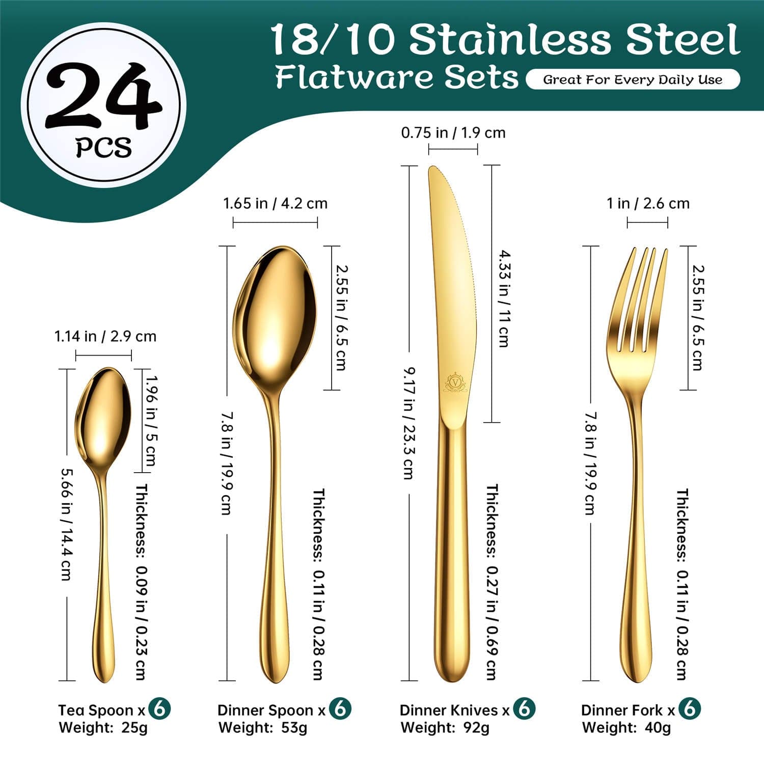 24 Piece Flatware Set Rounded Tip Service for 6