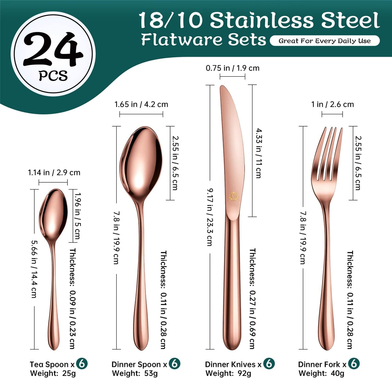 24 Piece Flatware Set Rounded Tip Service for 6