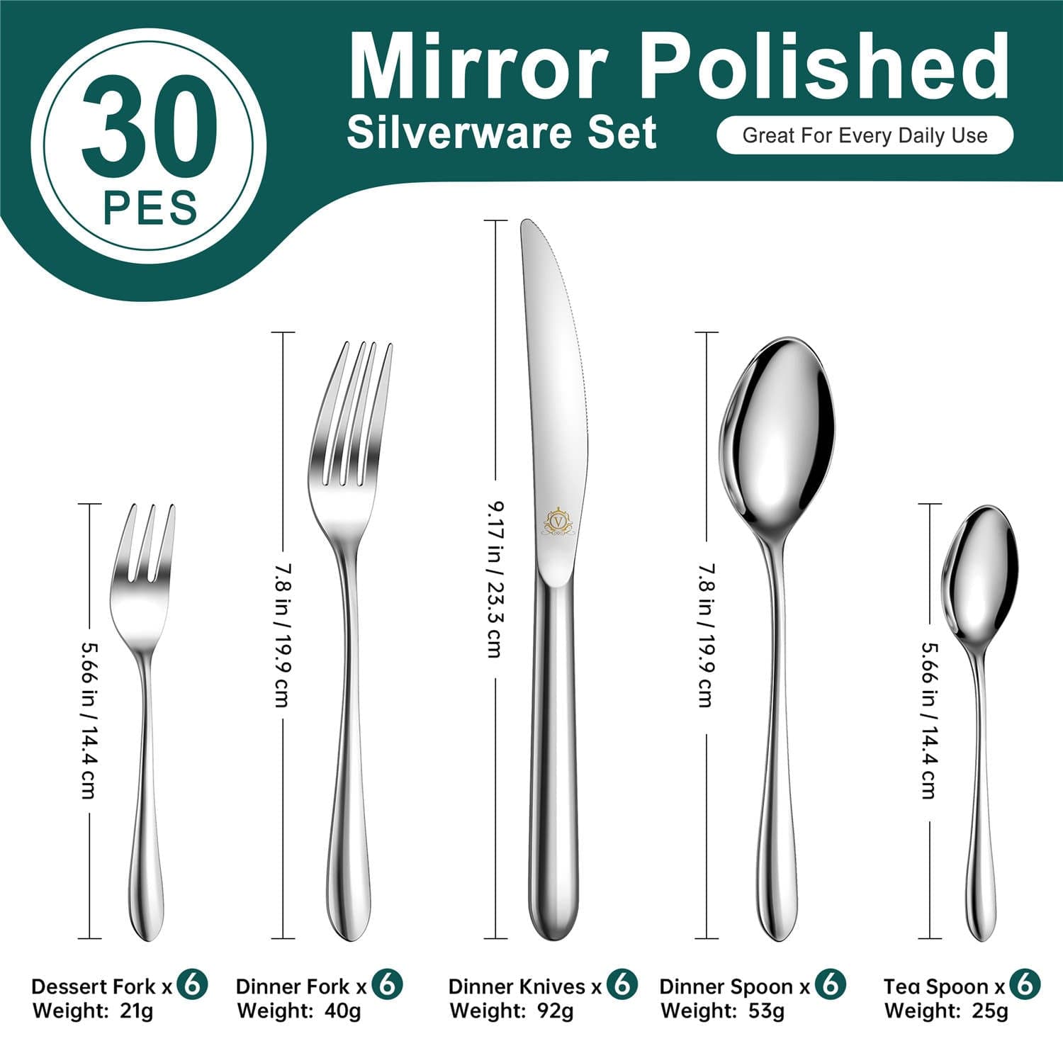 30 Piece Flatware Set Rounded Tip Service for 6
