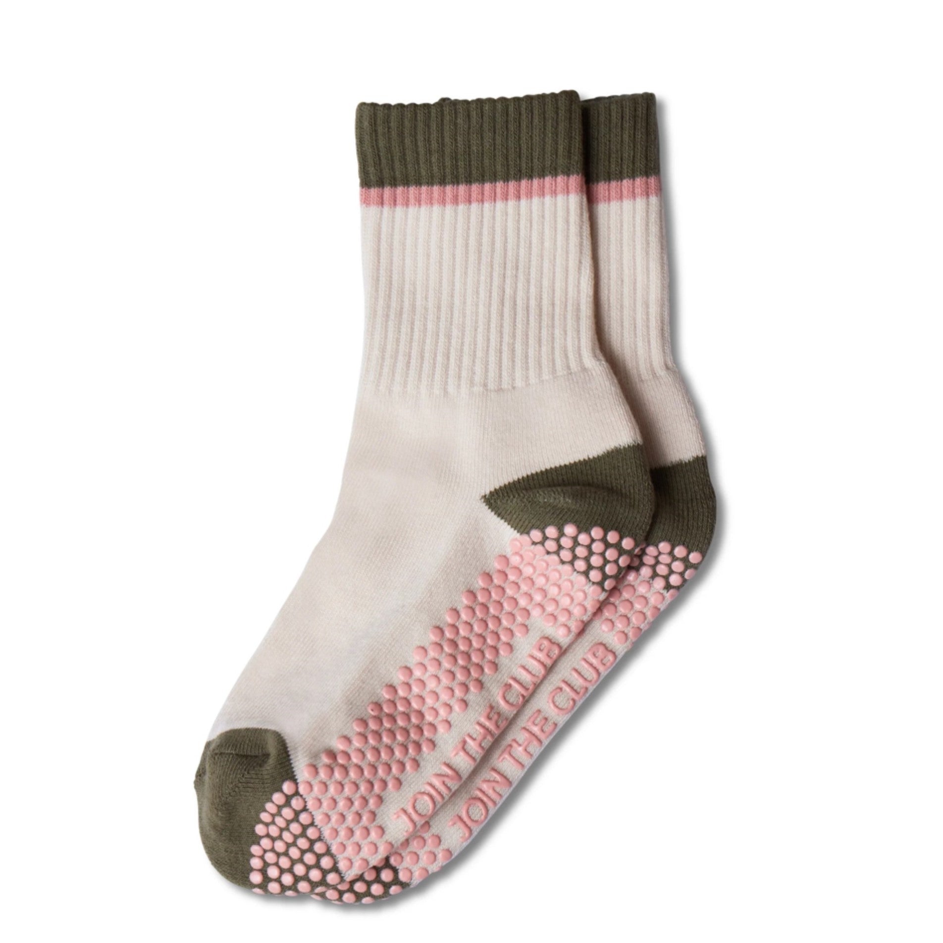 Classic Crew - Khaki/Pink Grip Socks (Barre / Pilates)
