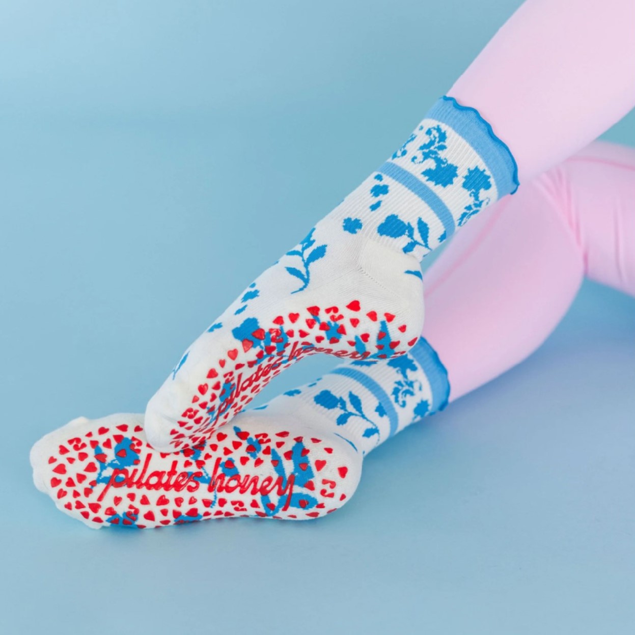 Blue Wedgewood Ruffle Crew Grip Sock (Barre / Pilates)