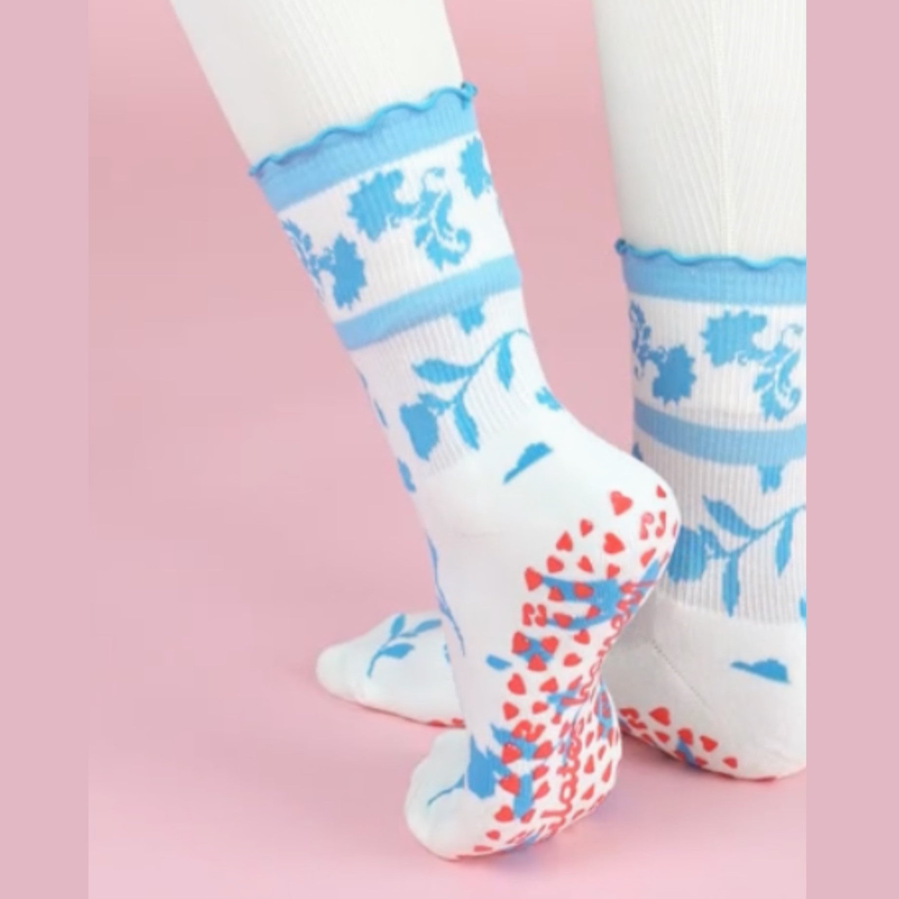 Blue Wedgewood Ruffle Crew Grip Sock (Barre / Pilates)