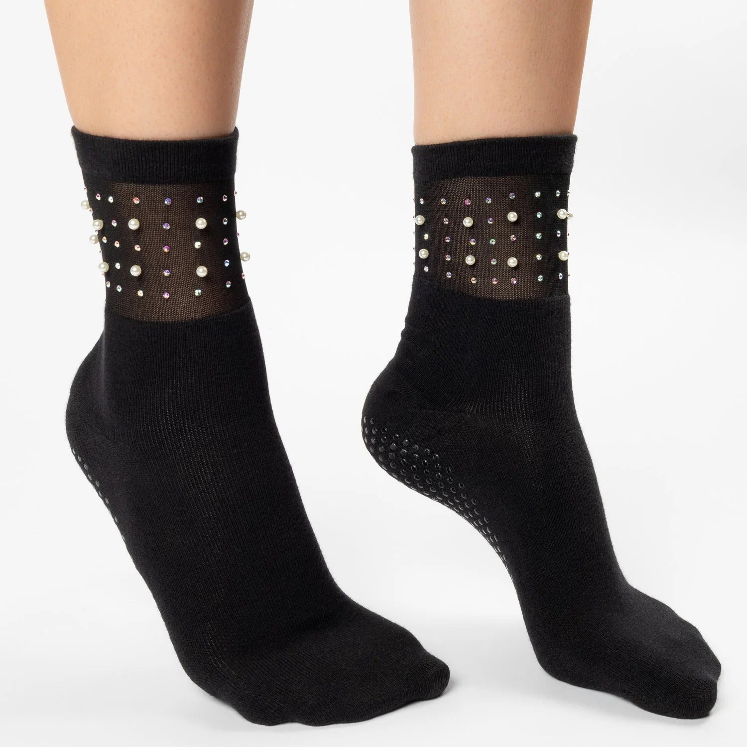 Sheer Pearls Crew Grip Sock - (Barre / Pilates)
